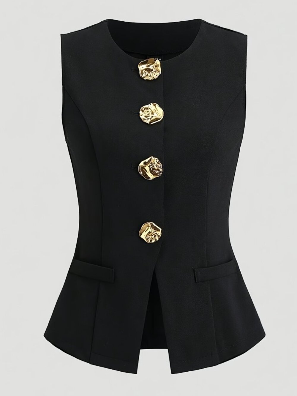 Black French Style Sleeveless Blazer Vest – Gold Button Elegant Top